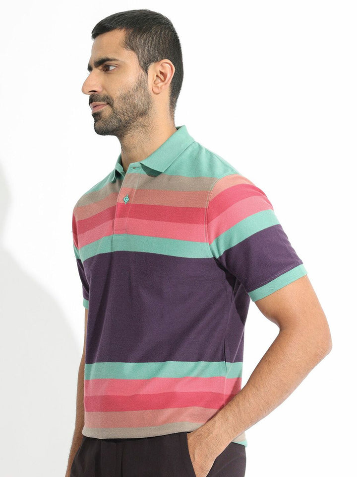 RARE RABBIT Men Glasglow Striped Polo Collar Slim Fit Pure Cotton T-Shirt