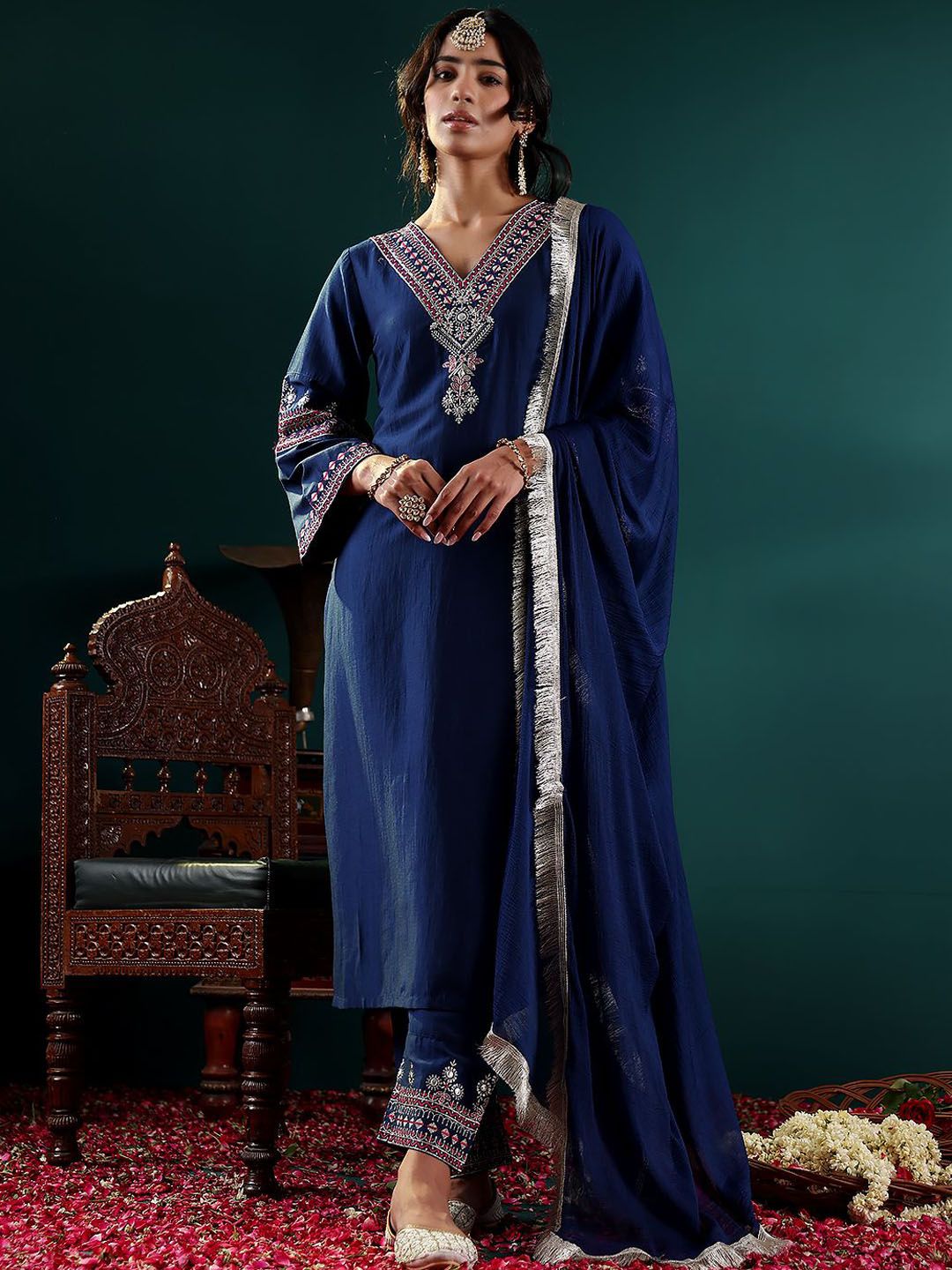 Varanga Women Ethnic Motifs Embroidered Kurta with Embroidered Trousers & With Dupatta