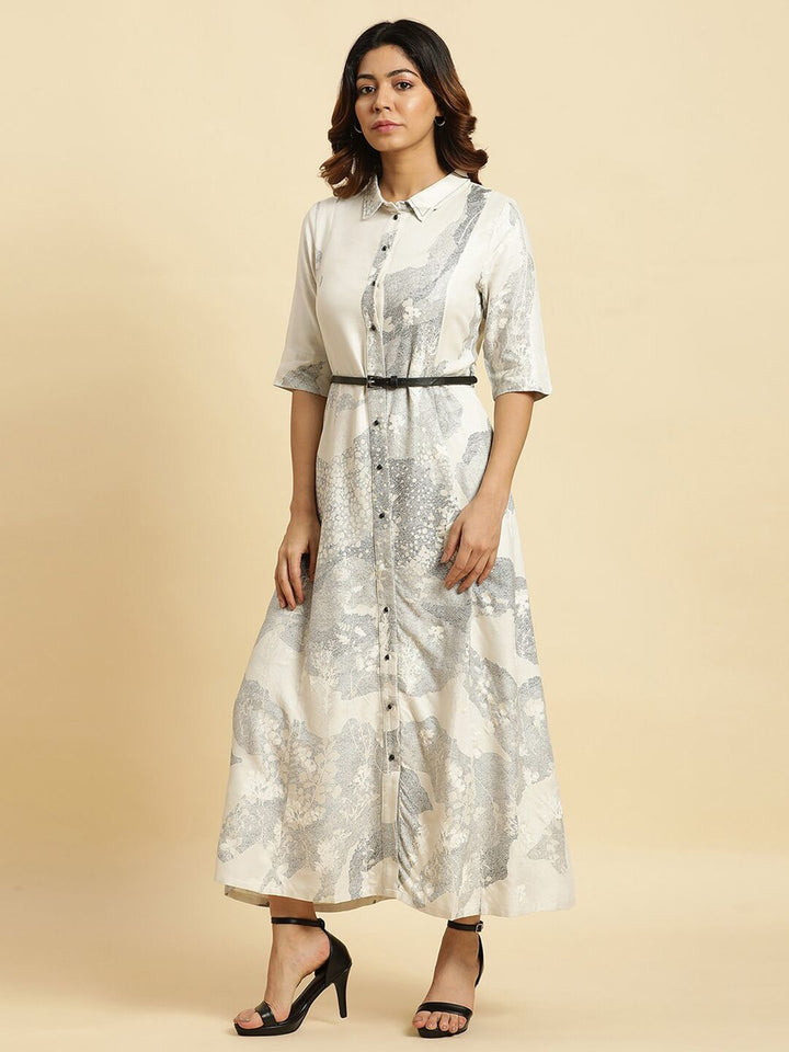 W Abstract Printed Belted Detailed Shirt Collar Shirt Style Dress