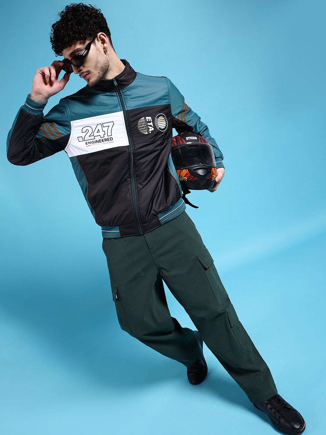 The Indian Garage Co Men Black Longline Outdoor Bomber with Patchwork Jacket