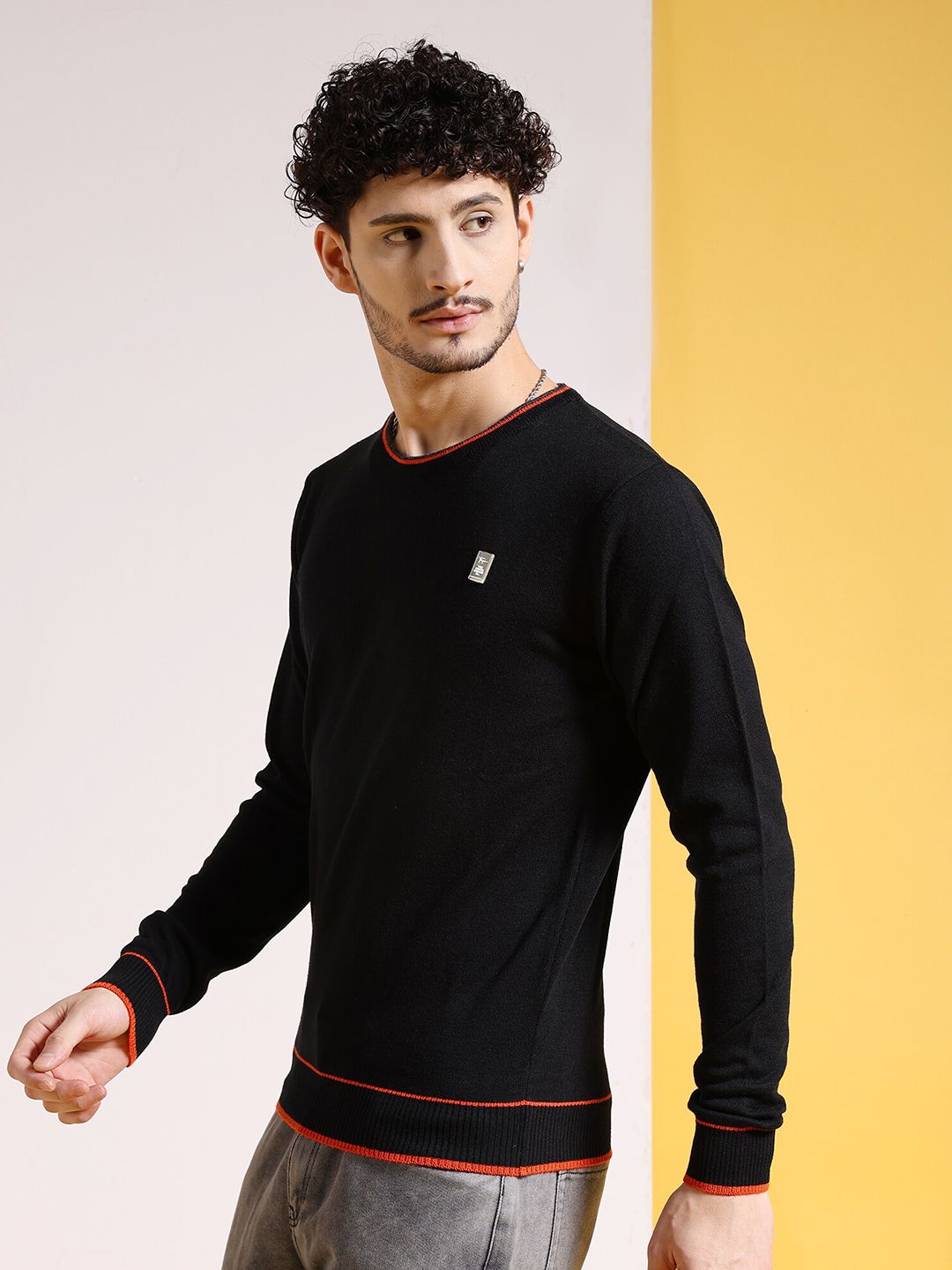 The Indian Garage Co Black Round Neck Long Sleeves Acrylic Pullover Sweater