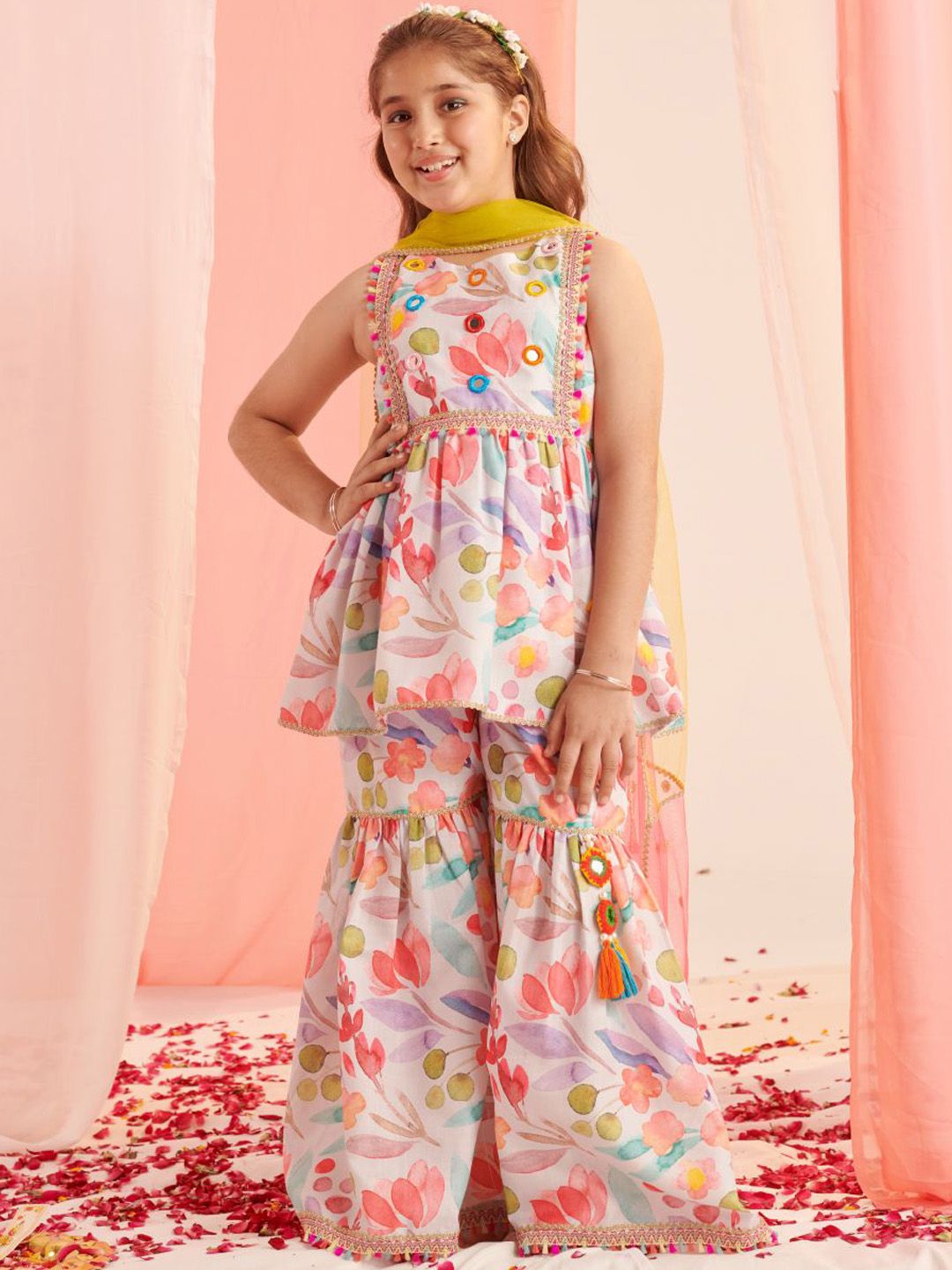 pspeaches Girls Floral Printed Angrakha Kurta with Sharara & With Dupatta