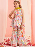 pspeaches Girls Floral Printed Angrakha Kurta with Sharara & With Dupatta