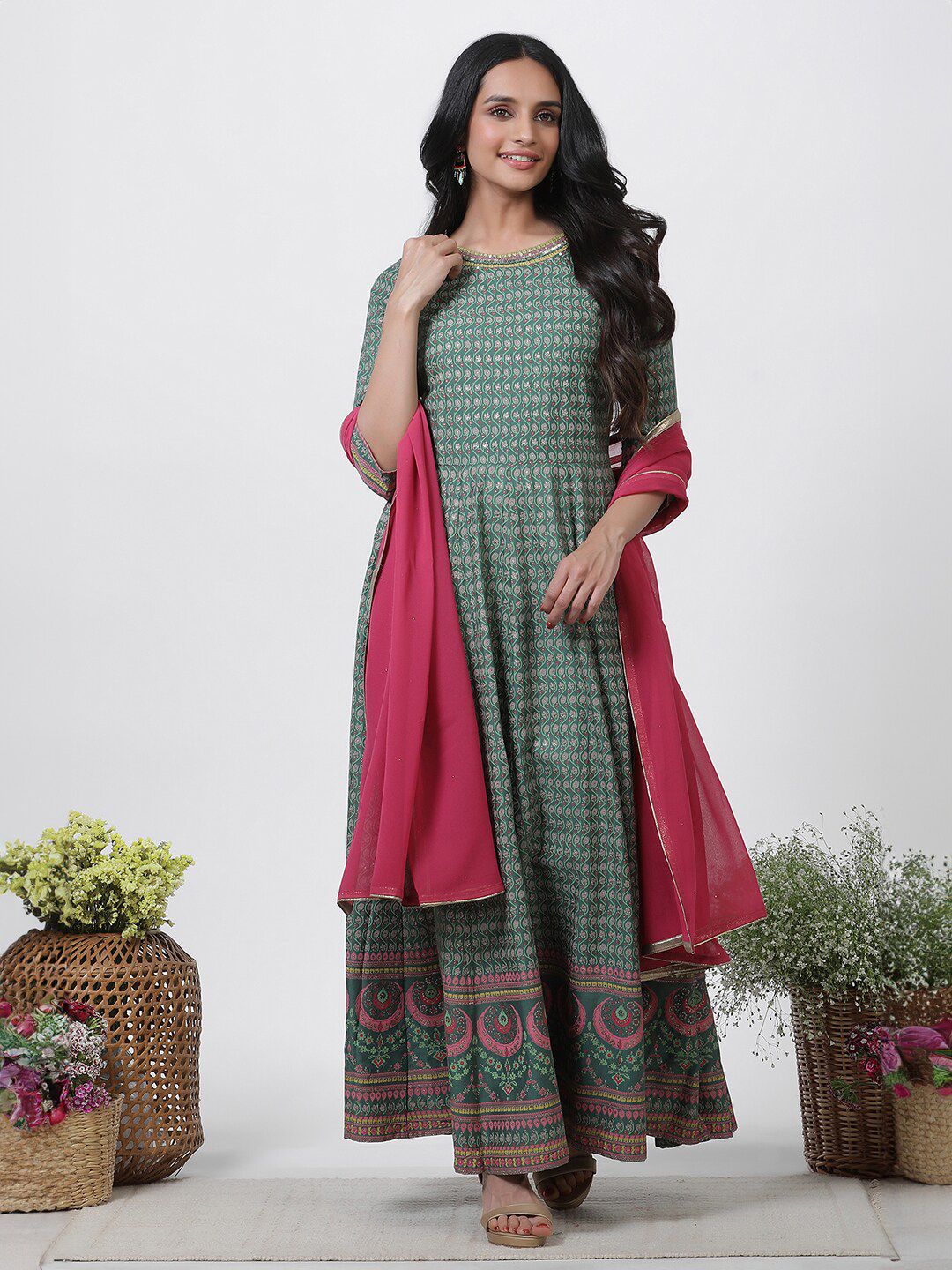 W Floral Printed Round Neck Maxi Dress With Dupatta