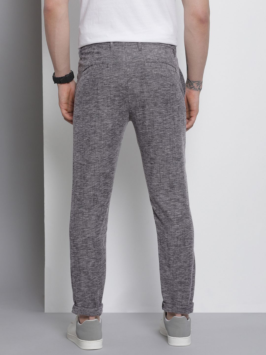The Indian Garage Co Men Charcoal Grey Melange Effect Slim Fit Trousers