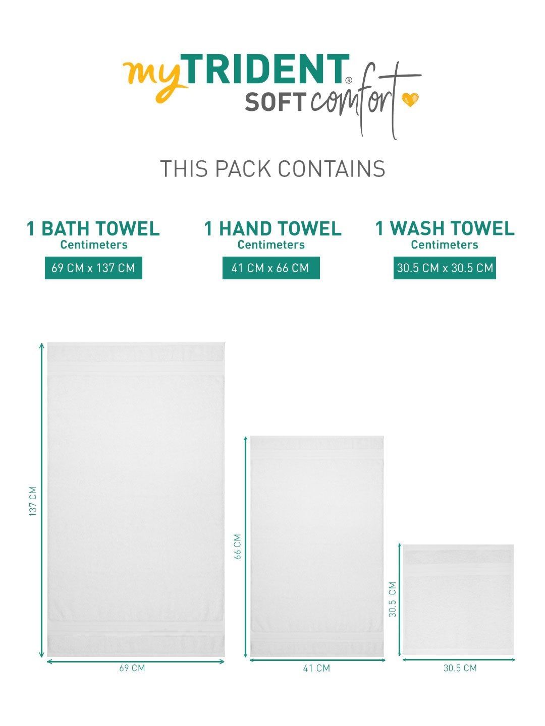 MYTRIDENT Soft Comfort White 3 Pieces Pure Cotton 500 GSM Towel Set