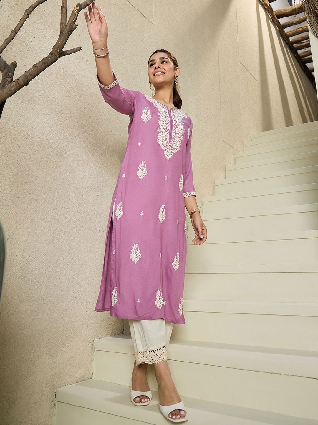 Indo Era Floral Embroidered Thread Work Straight Kurta