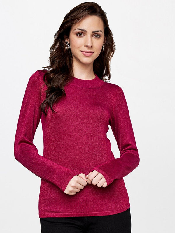 AND Burgundy Solid Round Neck Top