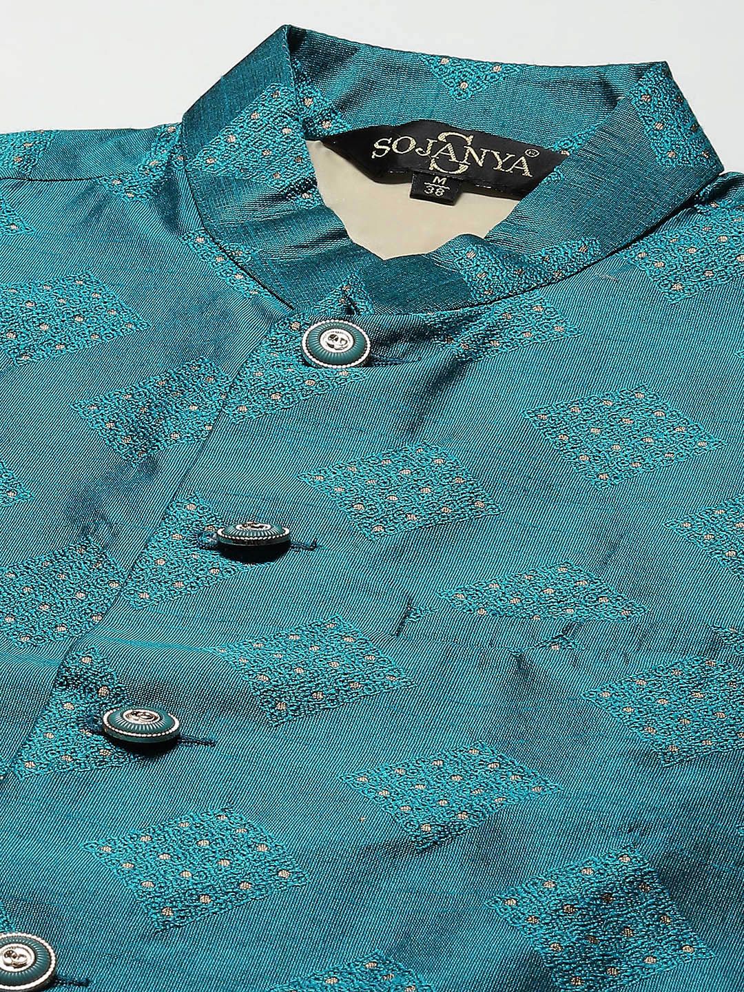 SOJANYA Kurta Berwarna Emas Lelaki dengan Churidar dengan Jaket Nehru