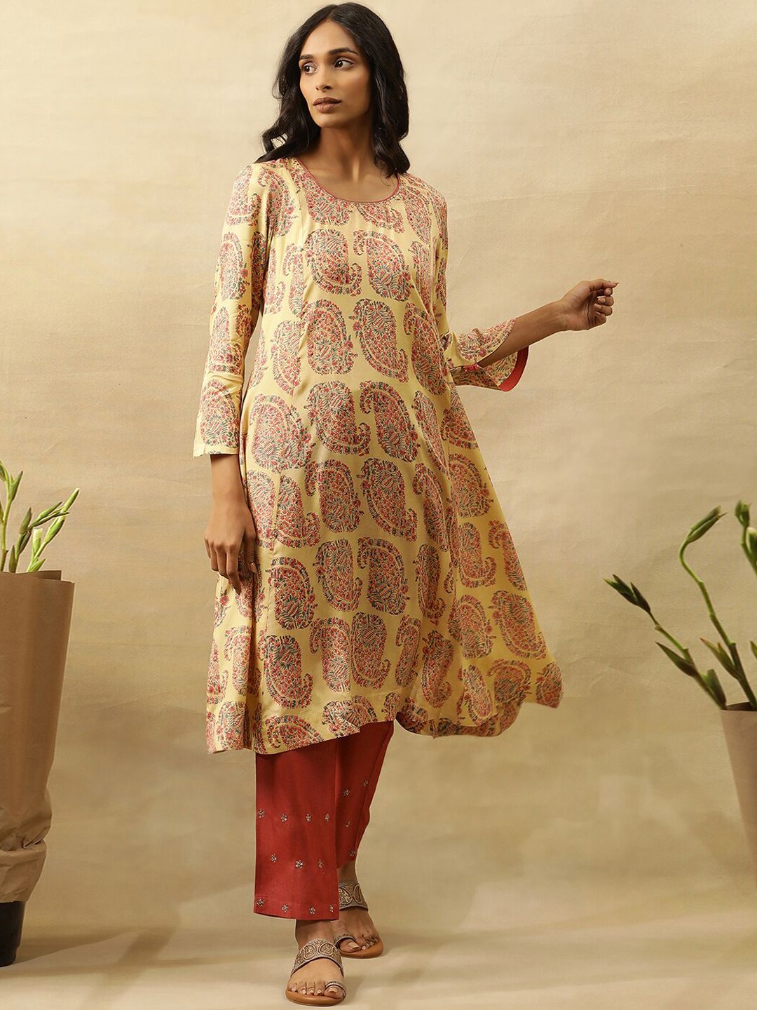 W Ethnic Motifs Printed Flared Sleeves A-Line Kurta