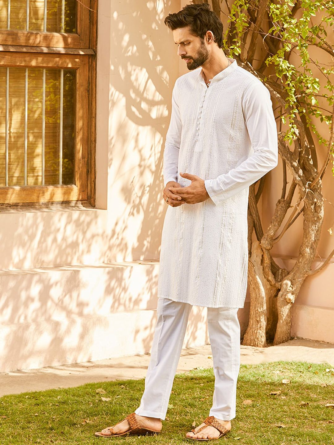 See Designs Striped Embellished Zari Mandarin Collar Cotton Straight Kurta