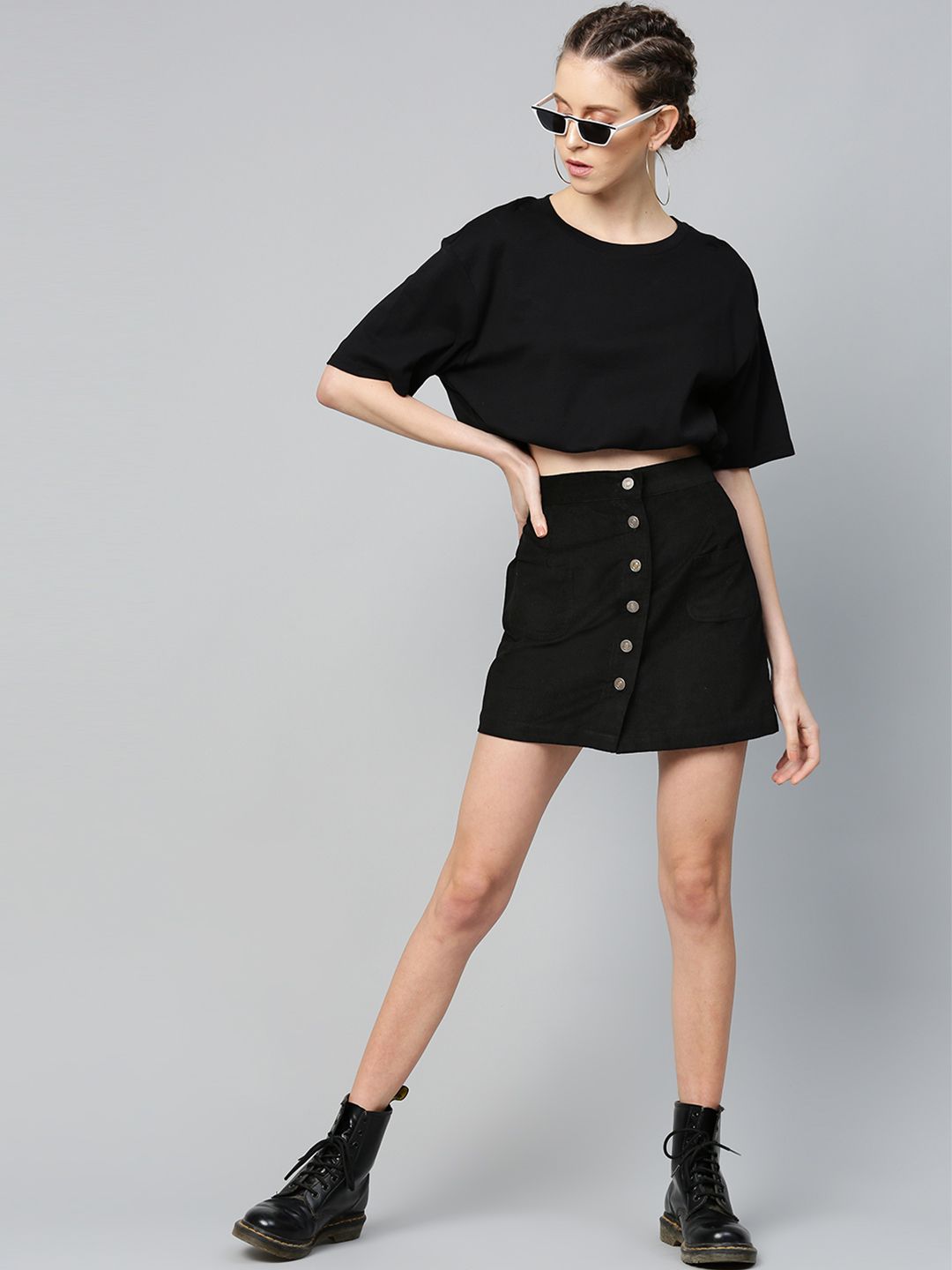 SASSAFRAS Black Corduroy Pure Cotton A-Line Skirt