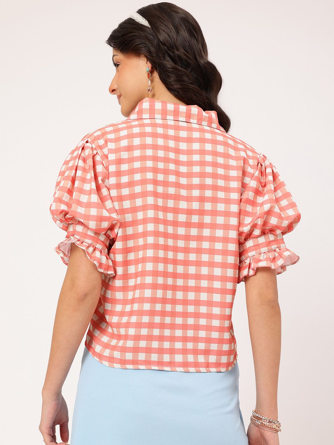 DressBerry Pastel Paradise Checked Puff Sleeves Shirt