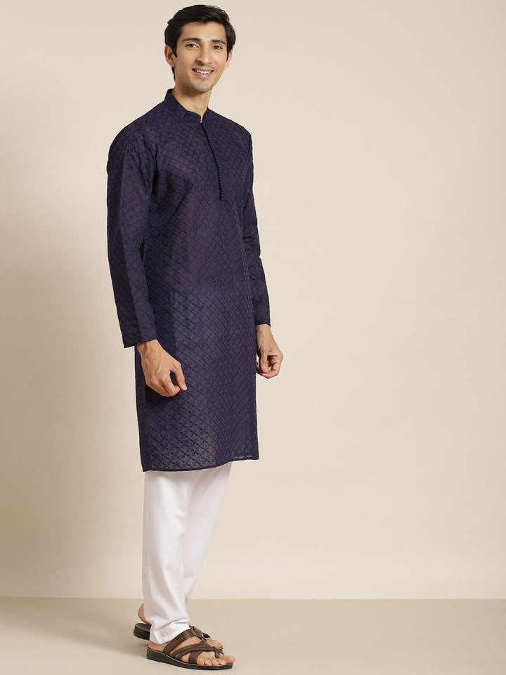 SOJANYA Lelaki Navy Blue Ethnic Chikankari Pure Cotton Kurta with Churidar & Nehru Jacket