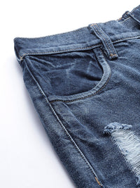 SASSAFRAS Women Blue Cotton Relaxed Fit High-Rise Highly Distressed Stretchable Crop Jeans