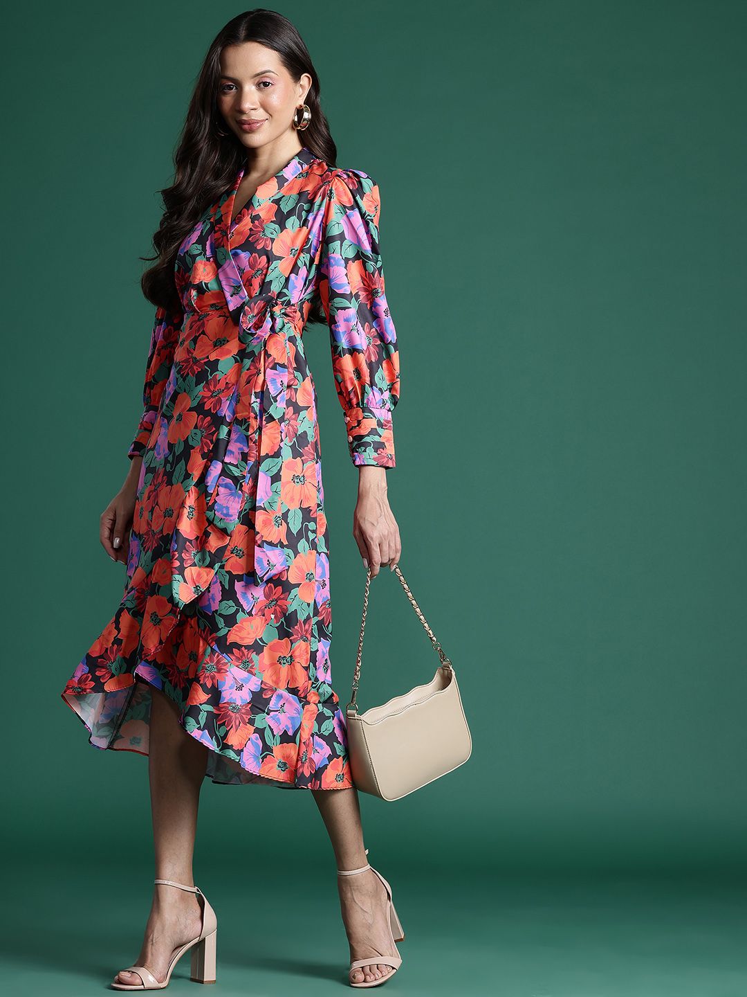 DressBerry Floral Print Midi Wrap Dress