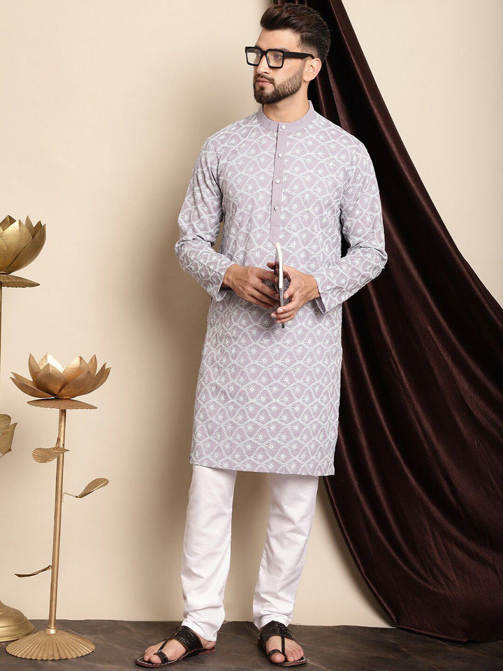 Anouk Lavender & White Floral Embroidered Thread Work Pure Cotton Kurta With Churidar