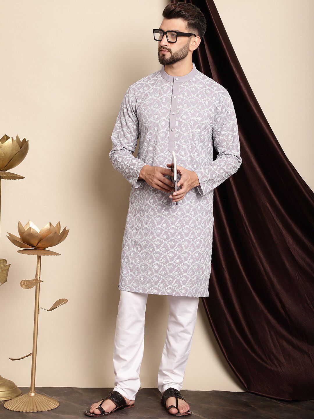 Anouk Lavender & White Floral Embroidered Thread Work Pure Cotton Kurta With Churidar