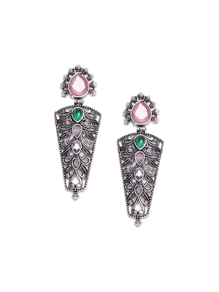PANASH Silver Plated Cubic Zirconia Studded Oxidized Drop Subang