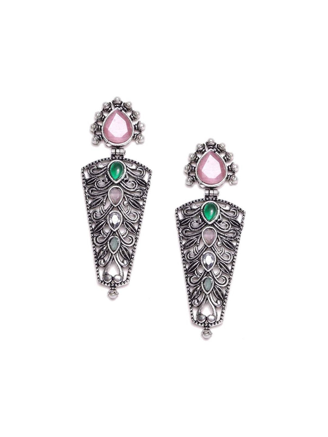 PANASH Silver Plated Cubic Zirconia Studded Oxidized Drop Subang