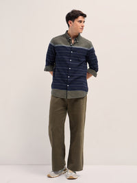 THE BEAR HOUSE Men Button-Down Collar Horizontal Striped Cotton Slim Fit Casual Shirt