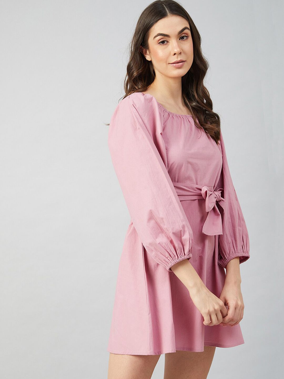 Athena Women Mauve Solid Cotton A-Line Dress