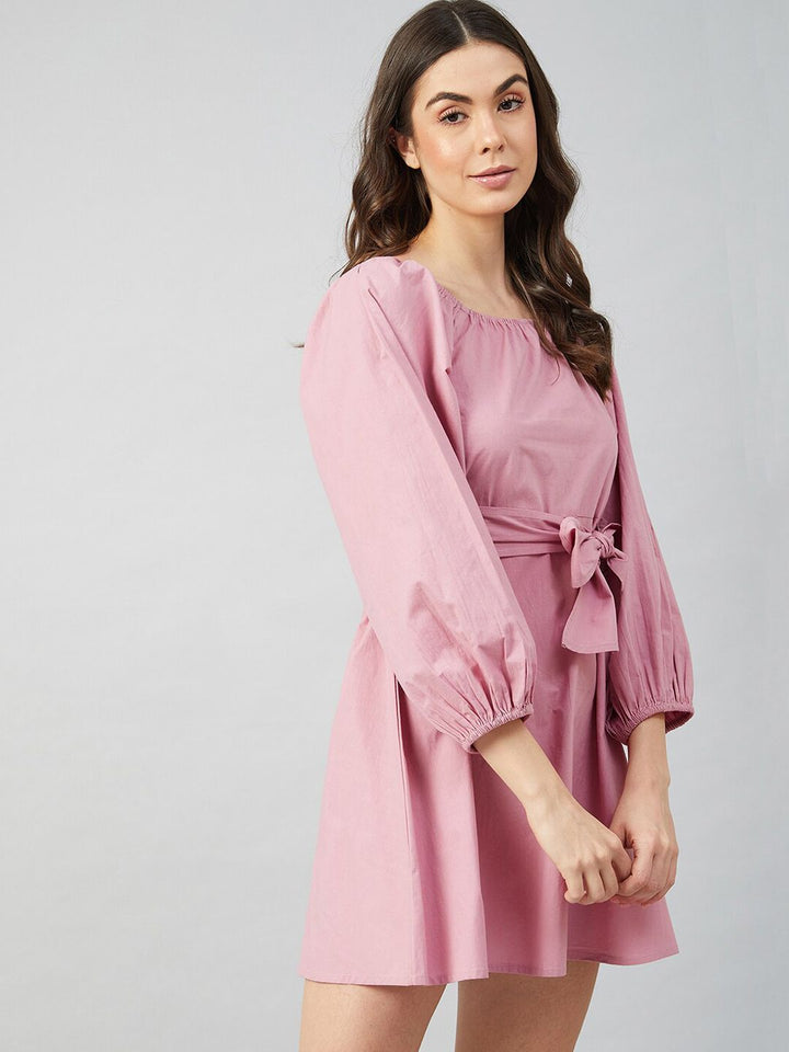 Athena Women Mauve Solid Cotton A-Line Dress