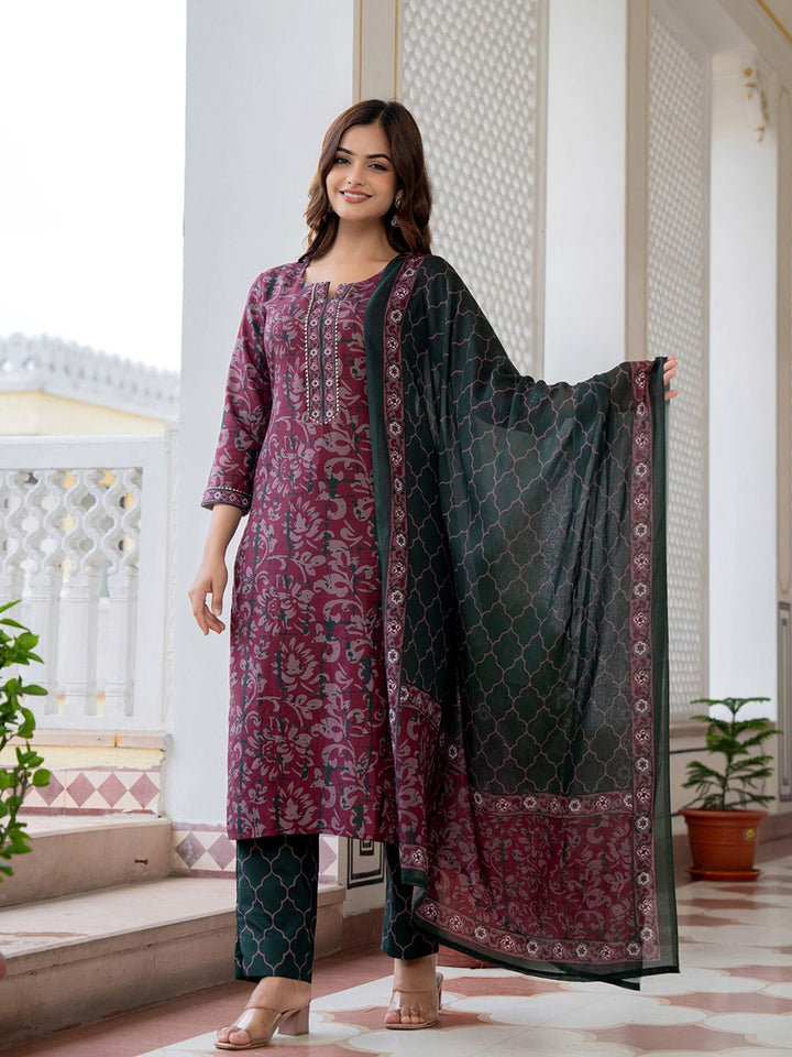 KALINI Floral Printed Notch Neck Straight Kurta With Trousers & Dupatta