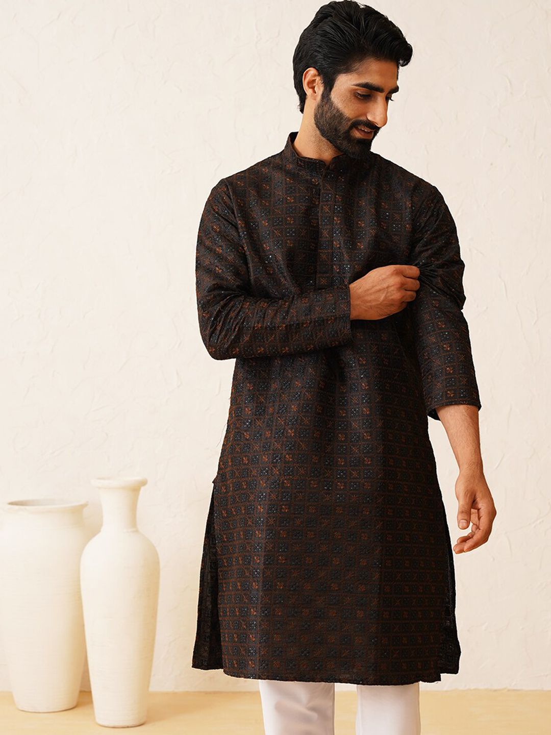 SOJANYA LUXE Ethnic Motifs Embroidered Sequinned Cotton Silk Kurta with Pyjamas