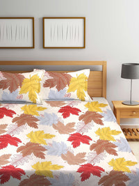 KLOTTHE Set of 2 Cream & Orange Floral 300 TC King Bedsheet with 4 Pillow Covers
