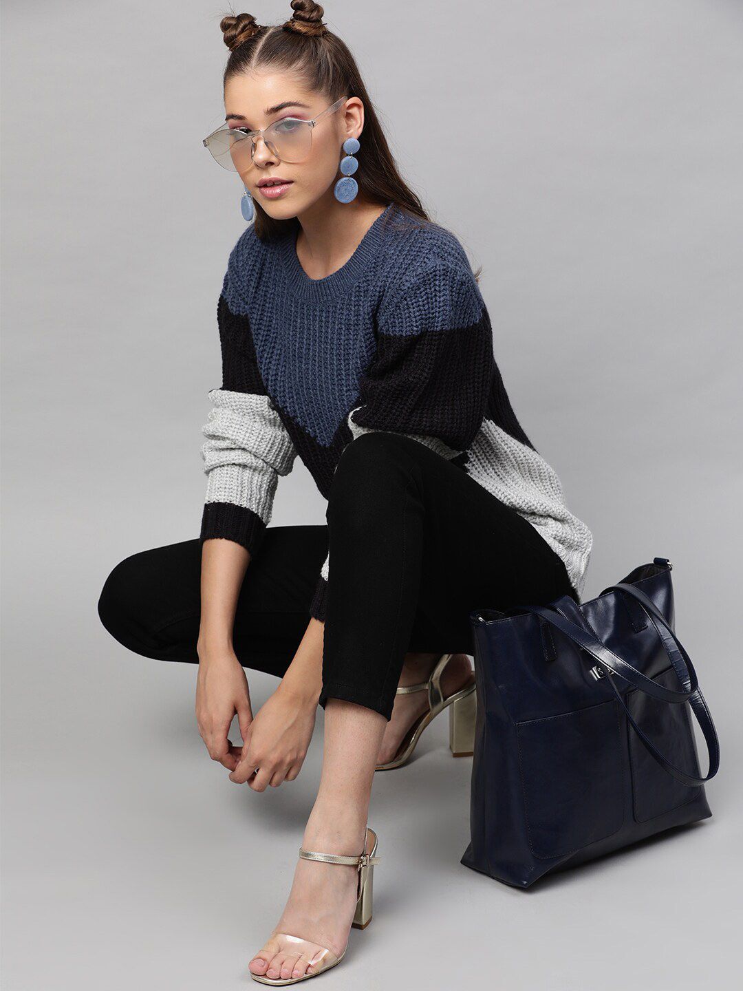 STREET 9 Women Blue & Black Colourblocked Pullover Sweater