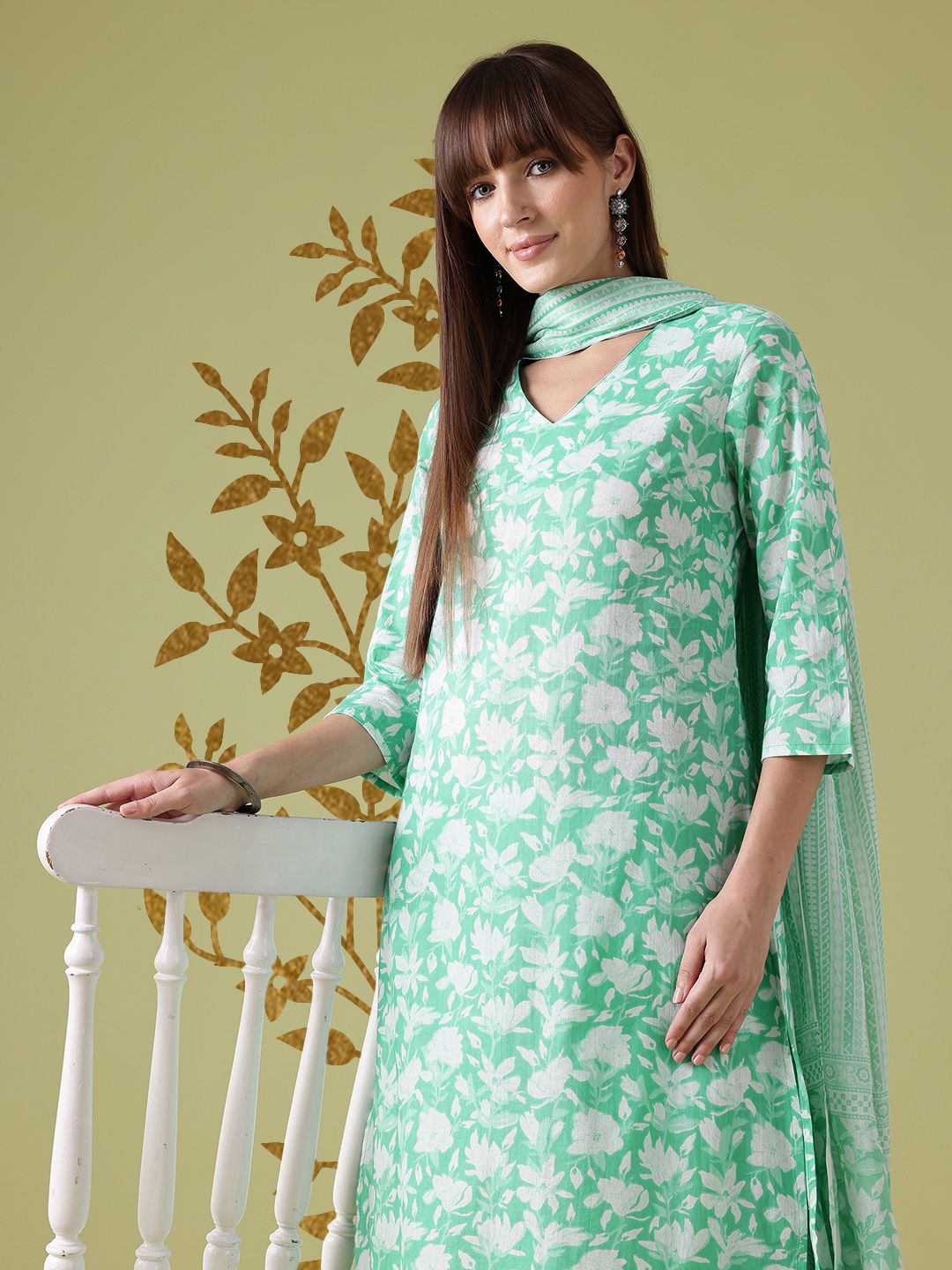Anouk Floral Print Pure Cotton Kurta with Trousers & Dupatta