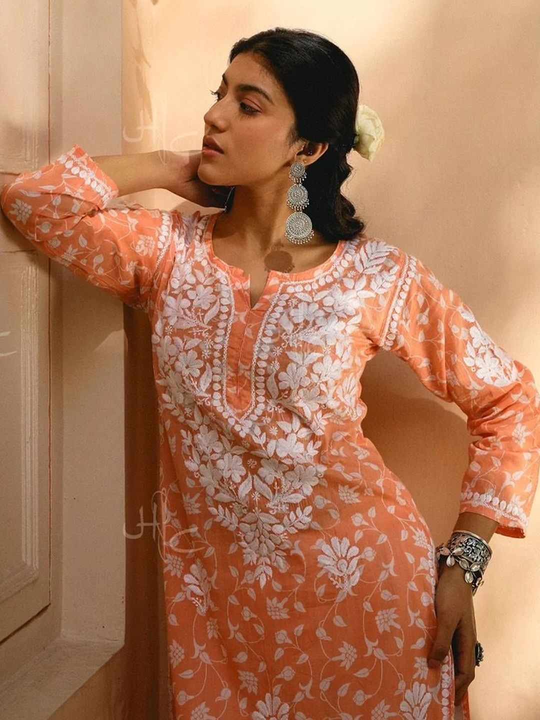 Rumah Wanita Chikankari Kurta Sulam Bunga