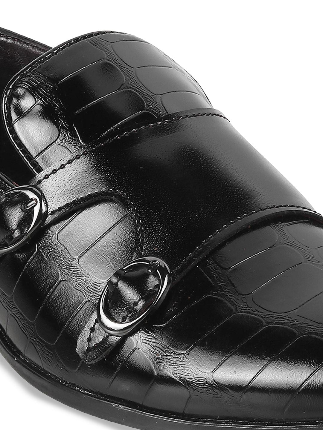 Mochi Men Textured Leather Formal Monk Shoes With Buckle Detail