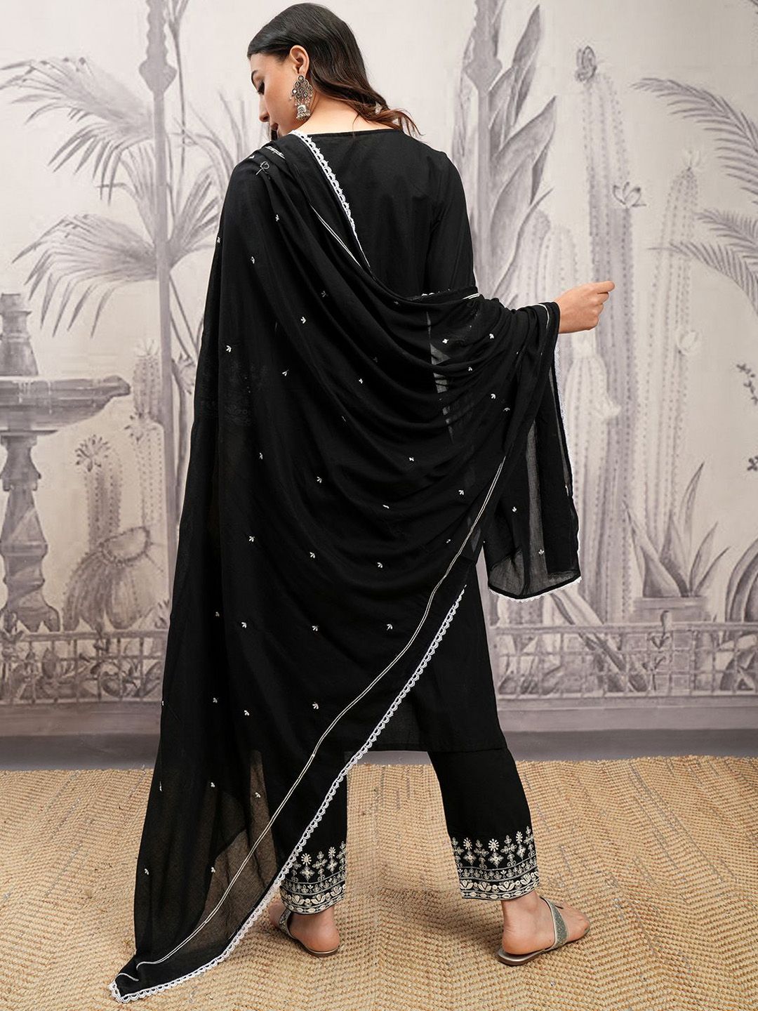Vishudh Black Floral Embroidered Regular Pure Cotton A-Line Kurta With Trousers & Dupatta
