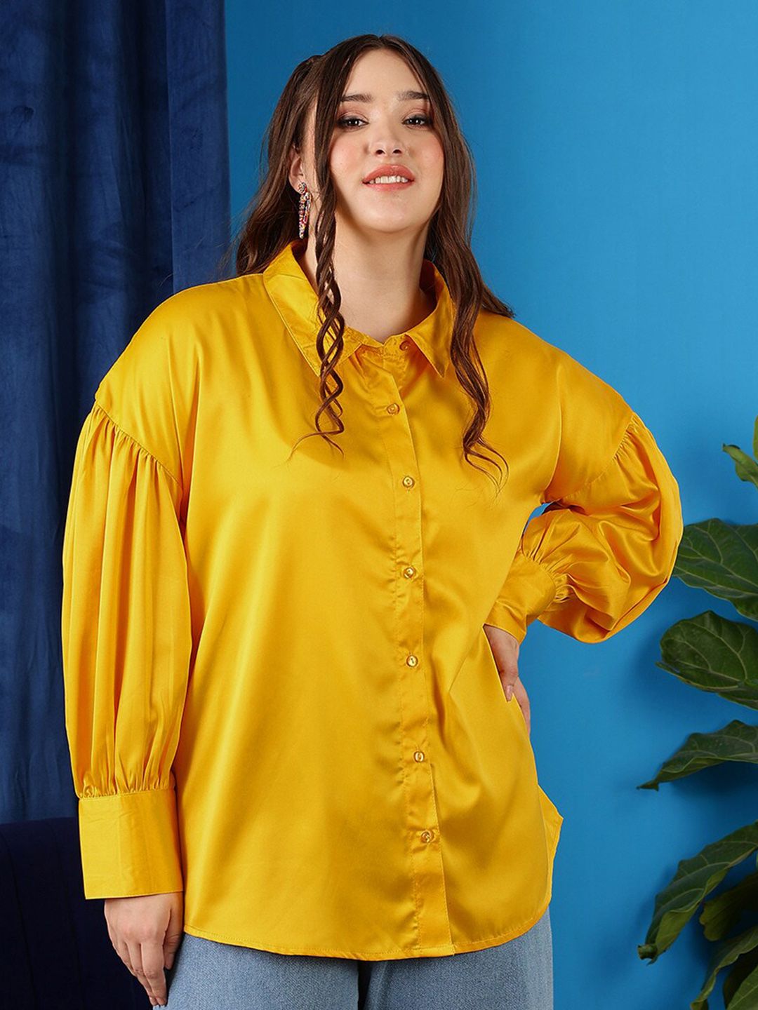 CURVY STREET Plus Size Shirt Collar Cuffed Sleeves Shirt Style Top