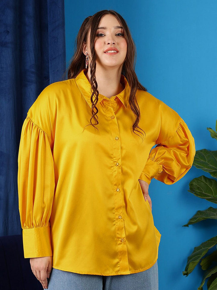 CURVY STREET Plus Size Shirt Collar Cuffed Sleeves Shirt Style Top