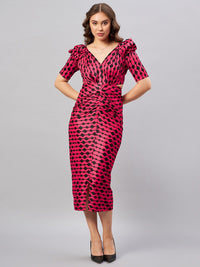Antheaa Black & Red Abstract Printed V-Neck Puff Sleeve Sheath Midi Dress
