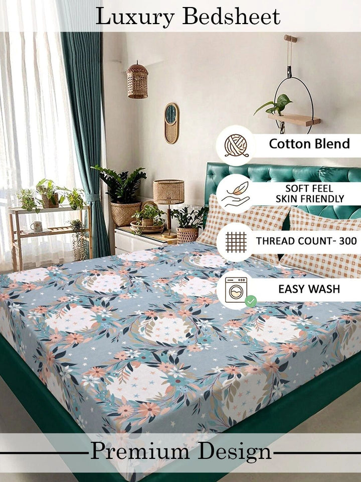 Moda Rapido X KLOTTHE Blue & Pink Floral 300 TC King Bedsheet with 2 Pillow Covers
