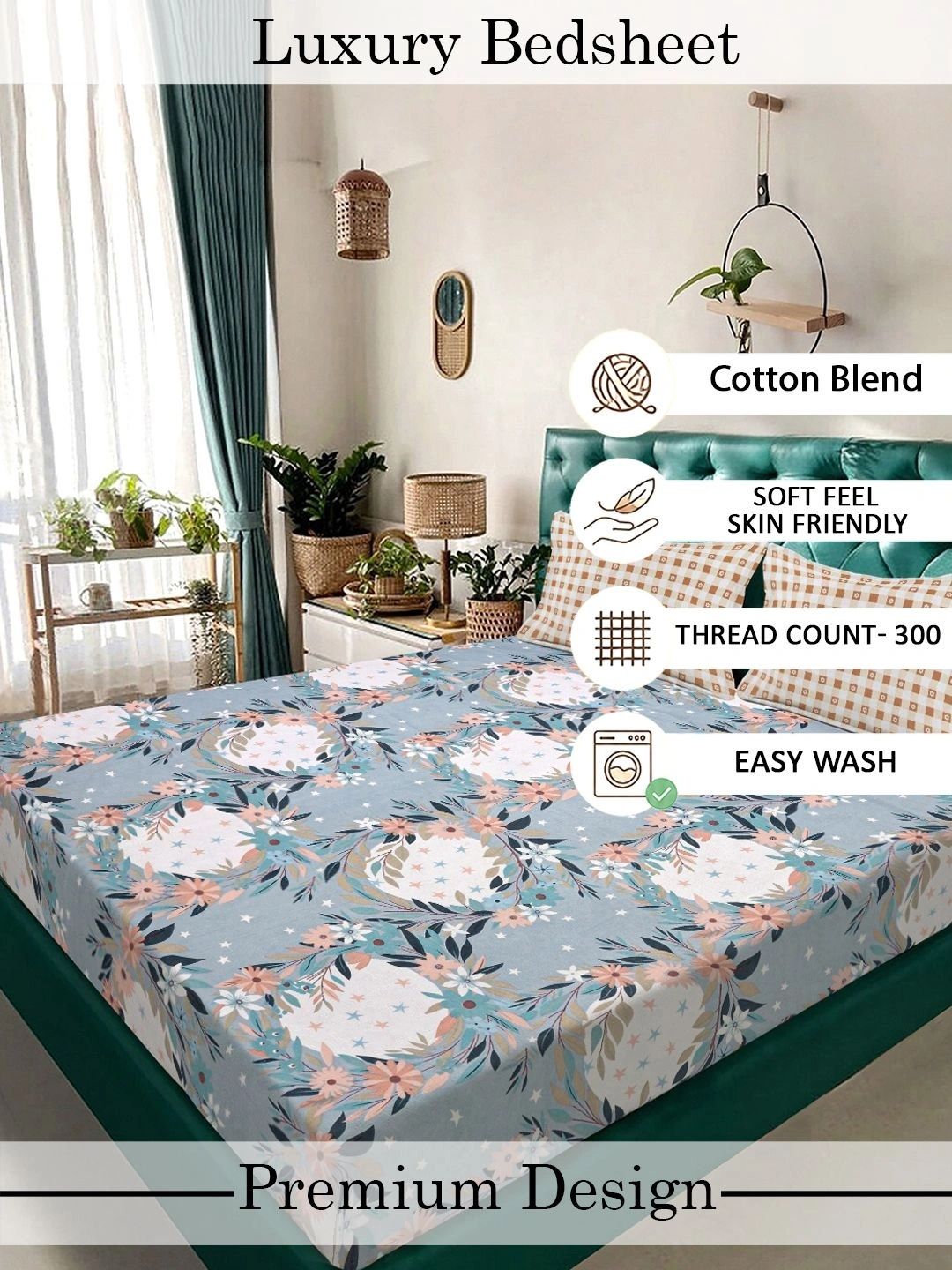 Moda Rapido X KLOTTHE Blue & Pink Floral 300 TC King Bedsheet with 2 Pillow Covers