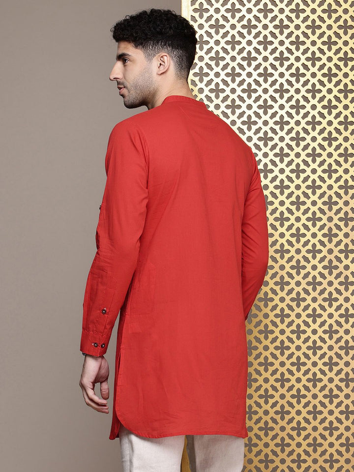 House of Pataudi Mandarin Collar Roll-Up Sleeves Pure Cotton Pathani Rozana Kurta
