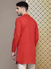 House of Pataudi Mandarin Collar Roll-Up Sleeves Pure Cotton Pathani Rozana Kurta
