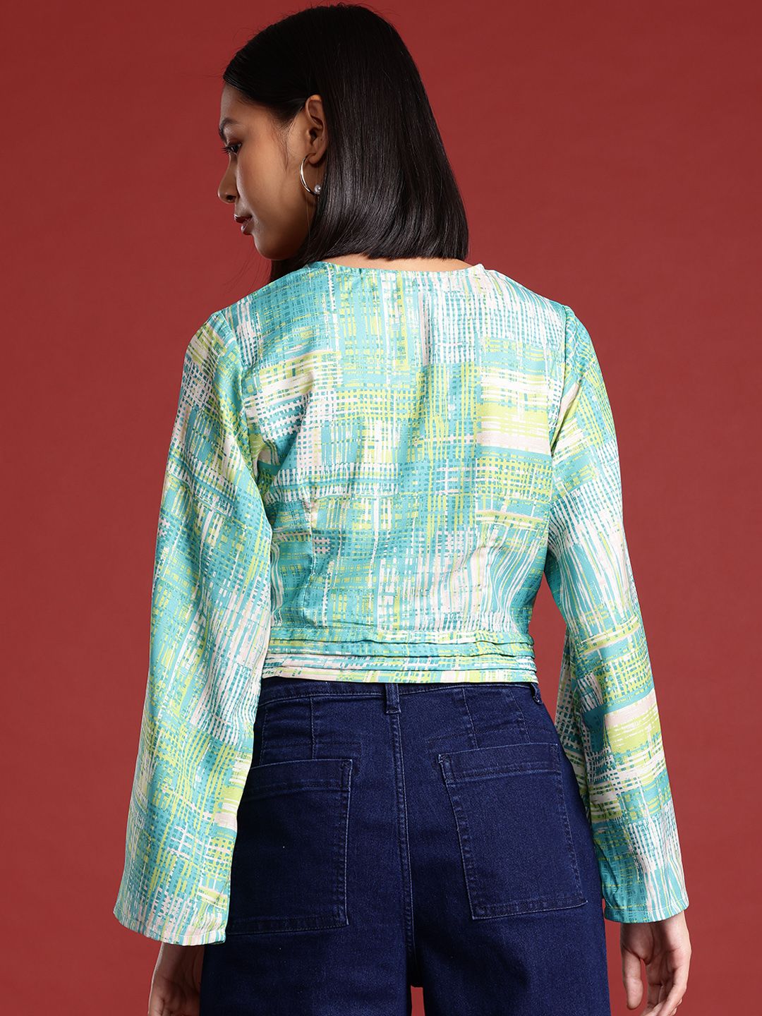 all about you Geometric Print Flared Sleeve Wrap Crop Top