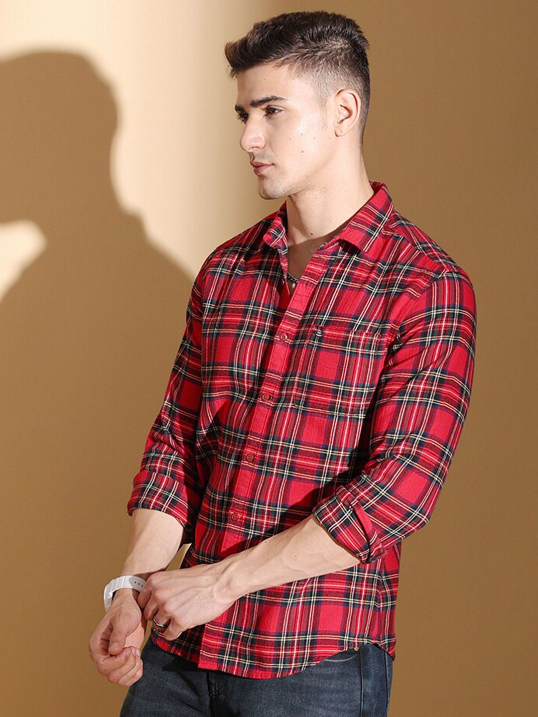 The Indian Garage Co Slim Fit Tartan Checked Pure Cotton Casual Shirt