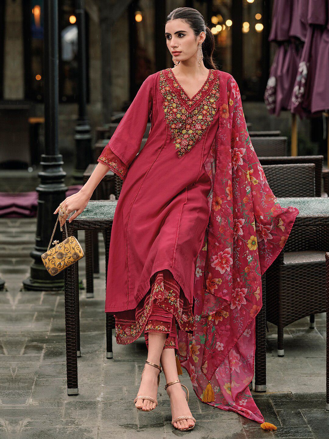 Indo Era Floral Embroidered Panelled Thread Work A-Line Kurta With Trousers & Dupatta