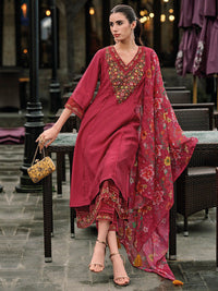 Indo Era Floral Embroidered Panelled Thread Work A-Line Kurta With Trousers & Dupatta