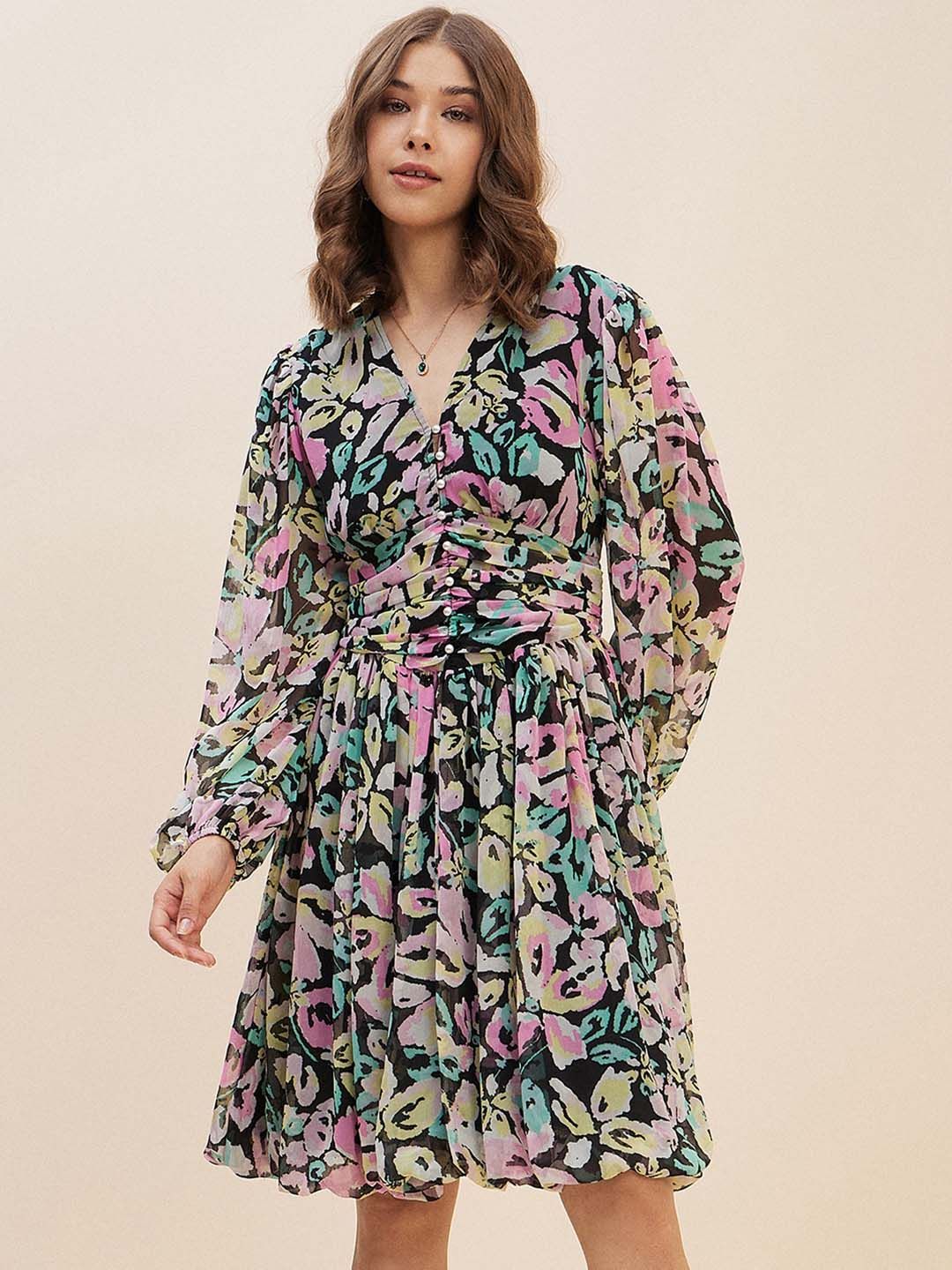 Antheaa Multicoloured Floral Print Chiffon Fit & Flare Dress