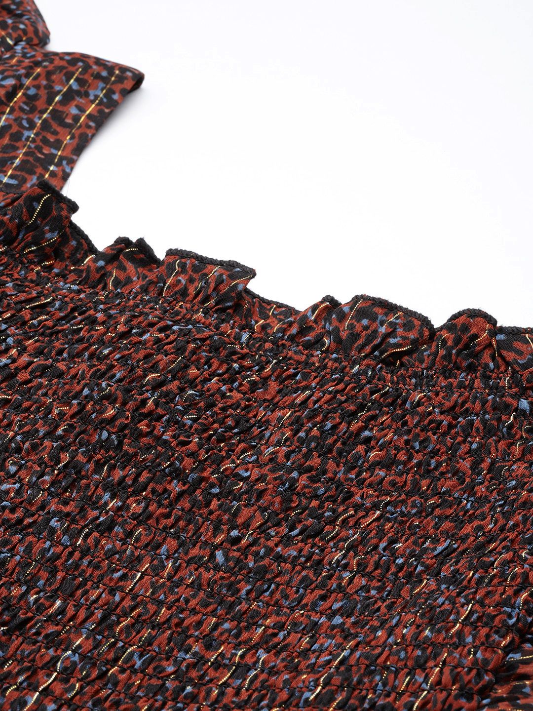 Antheaa Black & Orange Smocked Chiffon Midi Dress