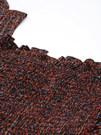 Antheaa Black & Orange Smocked Chiffon Midi Dress