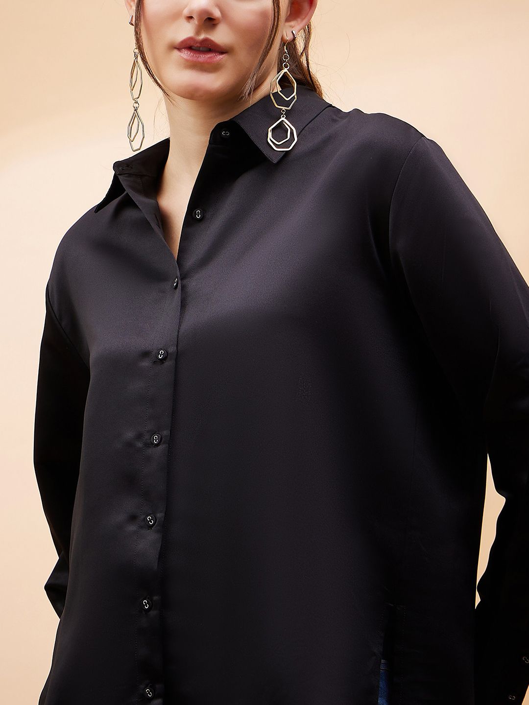 SASSAFRAS BASICS Spread Collar Long Sleeves Satin Comfort Oversized Casual Shirt